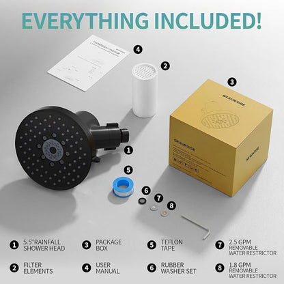 SR SUN RISE Filtered Shower Head with Filters,High Pressure Rain Shower Head,20-Stage Shower Filter,1.8/2.5 GPM Flow Rate,6 Spray Modes for Hard Water Softener,Remove Chlorine (Black,5.5 Inch)