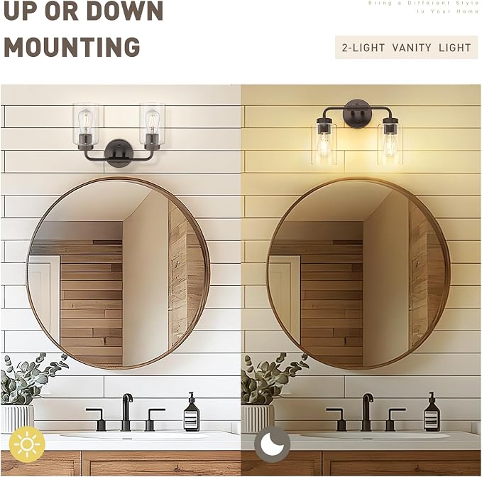 zeyu 2-Light Bronze Vanity Light for Bathroom, Clear Glass, ZS62B-2W ORB | Farmhouse Bathroom Wall Sconce, Clear Glass Shades, Oil Rubbed Bronze, 2-Light Design, Hardwired, Up/Down Mount, ETL Listed