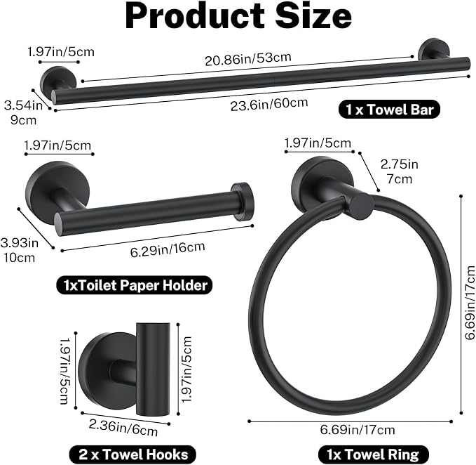 10 Pieces Towel Bar Set Matte Black Bathroom Hardware Set Includes 23.6 Inch Towel Bar,Stainless Steel Towel Holder-Towel Racks Set Wall-Mounted Bathroom Accessory Set