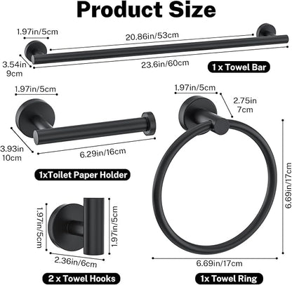 6 Pieces Towel Bar Set Matte Black Bathroom Hardware Set Includes 23.6 Inch Towel Bar,Stainless Steel Wall-Mounted Bathroom Accessory Set