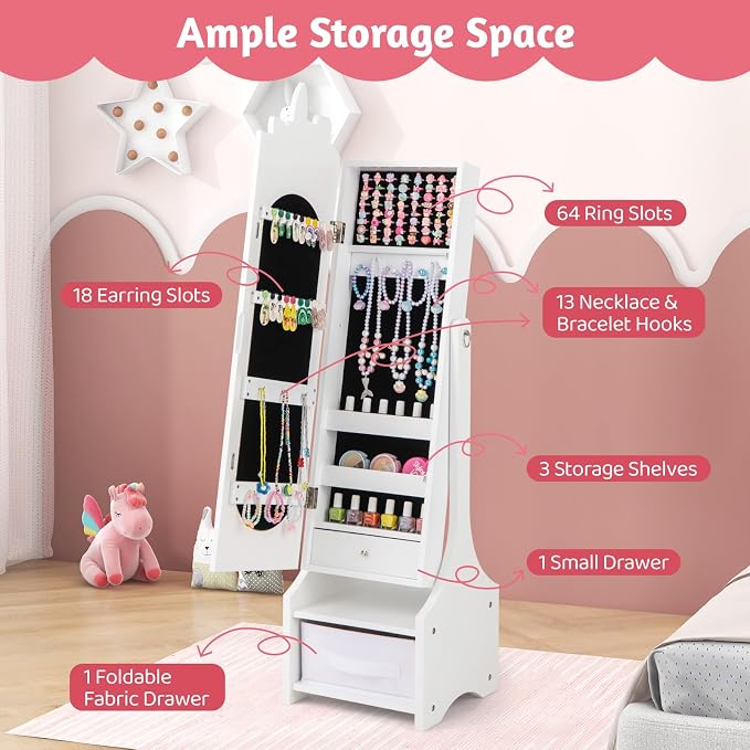CHARMAID Kids Mirror Jewelry Cabinet - 45.5'' Full Length Mirror with Jewelry Storage, Standing Jewelry Armoire with Drawers, Kids Jewelry Organizer Box Vanity Dressing Mirror for Girls (White)
