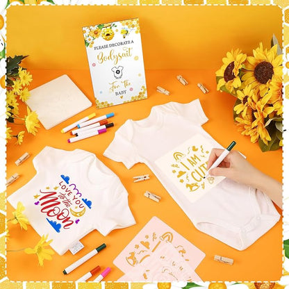 Panitay 126 Pcs Baby Shower DIY Bodysuit Set Bib 25 Blank White Newborn Bodysuit 25 Stencils 24 Marker 1 Sign 50 Pins(Bee)