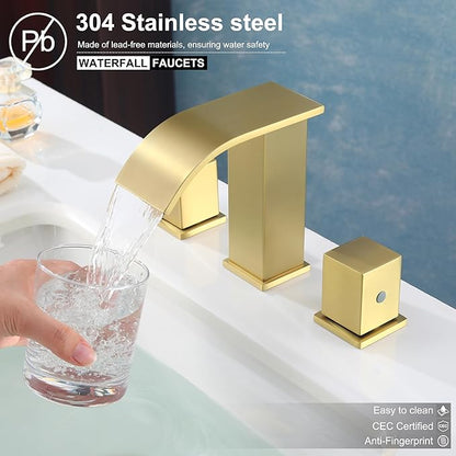 Bathroom Faucets 3 Hole, Brushed Gold 8 inch Widespread Bathroom Sink Faucet, Modern Square Metal 2 Handles Waterfall Bathroom Vanity Faucet 3 Hole with Pop Up Drain, Gold Faucets