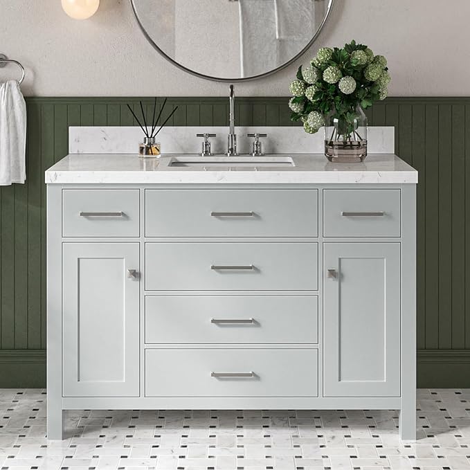 Alenza 48" Grey Bathroom Vanity with Sink, 1.5" Carrara Quartz Countertop, Single Rectangular Undermount Sink, 2 Soft-Closing Doors, 5 Full Extension Dovetail Drawers