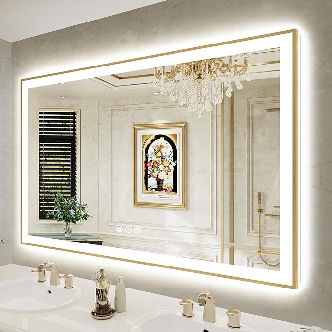 60x38 Inch LED Bathroom Mirror with Lights (Front Lit and Backlit) Gold Framed Lighted Vanity Mirror for Bathroom Wall Dimmable Anti-Fog Memory Tempered Glass Horizontal/Vertical