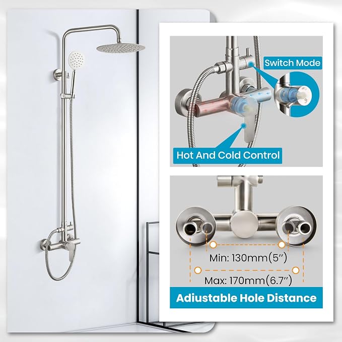 gotonovo Outdoor Shower 304 Stainless Steel, Brushed Nickel, Single Handle | Rain 8 Inch Outdoor Shower Head with Handheld Kit Fixtures System Faucet Set with Valve Wall Mount for Seaside Backyard Pool