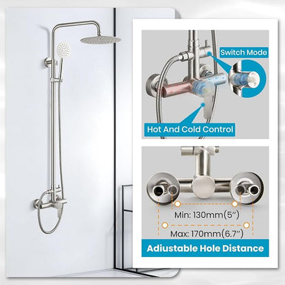 gotonovo Outdoor Shower 304 Stainless Steel, Brushed Nickel, Single Handle | Rain 8 Inch Outdoor Shower Head with Handheld Kit Fixtures System Faucet Set with Valve Wall Mount for Seaside Backyard Pool