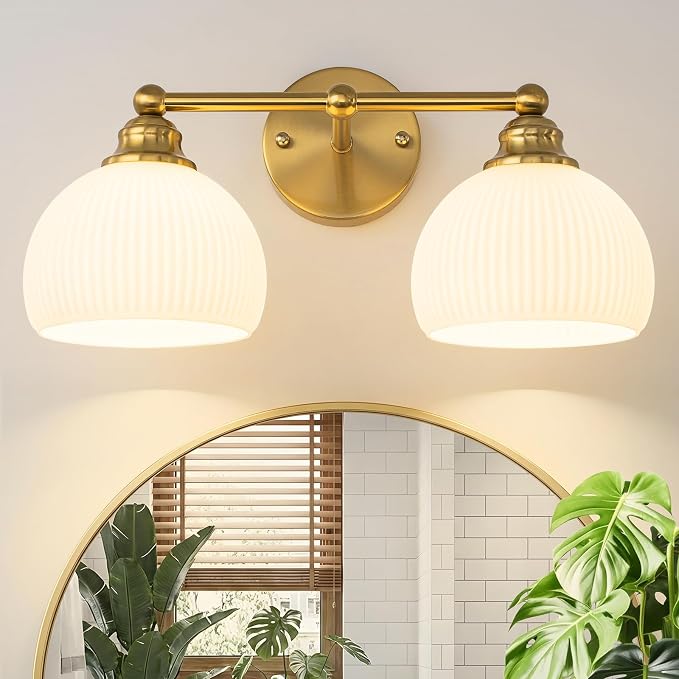 Bathroom Vanity Light Fixtures 2 Light Modern Bathroom Lights over Mirror | Vintage Gold Antique Restroom Light Fixture with Milk White Glass Shade for Bathroom, Bedroom E26 Base
