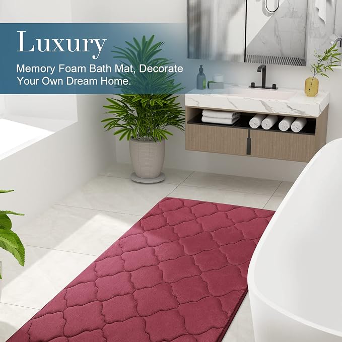 OLANLY Memory Foam Bath Mat Rug 36x24, Ultra Soft and Absorbent Bathroom Rugs, Non-Slip, Comfortable, Machine Washable Bath Carpet for Bathroom Floor, Tub, Shower and Home Decor Accessories, Burgundy