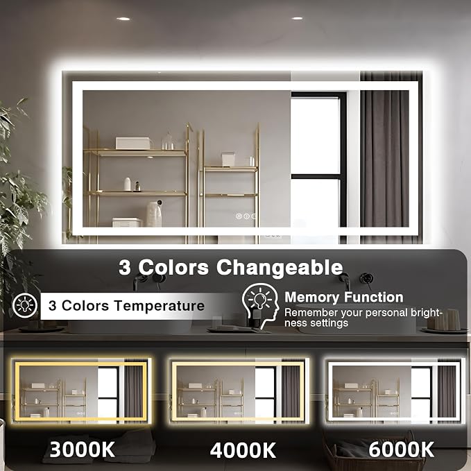 EchosLife 77"x36" Large LED Bathroom Mirror | Backlit + Front Lit, Anti-Fog, Stepless Dimmable, 3 Colors, Memory, Tempered Glass, UL Listed, Horizontal/Vertical