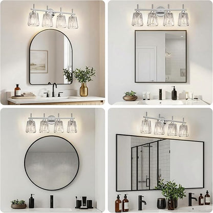 Crystal Bathroom Light Fixtures Over Mirror, Chrome 4-Light Bathroom Vanity Lights Over Mirror Modern Wall Lighting Sconces with Ceramic E26 Base (Bulbs Not Include)
