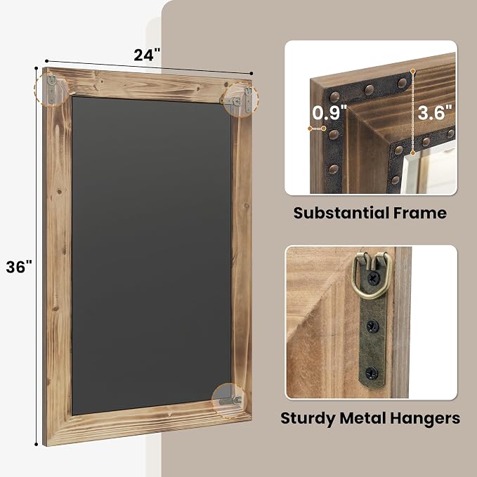 Rustic Brown 24x36 Inch Wood Bathroom Vanity Mirror, Rivets | Farmhouse style, beveled glass edge, rich weathered grain, single-sink bathrooms, hallways and cabin interiors