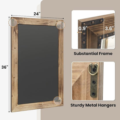 Rustic Brown 24x36 Inch Wood Bathroom Vanity Mirror, Rivets | Farmhouse style, beveled glass edge, rich weathered grain, single-sink bathrooms, hallways and cabin interiors