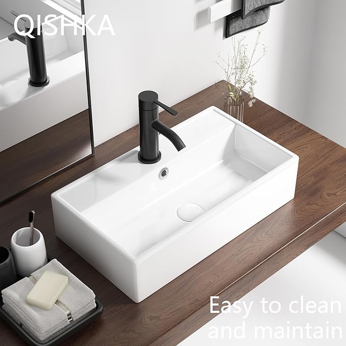 Wall Mount Rectangular Bathroom Sink, QISHKA 22"x12.4" Modern Ceramic Floating Vessel Sink, White Rectangle Vanity Sink with Overflow, Wall Hung Wash Hand Basin