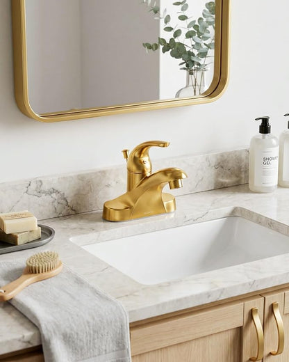 WOWOW 4 Inch Bathroom Faucet Single Handle Faucet for Bathroom Sink Brushed Gold Vanity Tap with Lift Rod Drain Assembly, Rv Lavatory Taps 3 Hole