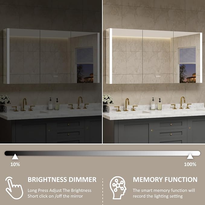 60 x 32 Inch Medicine Cabinet with Mirror and LED Light for Bathroom | Recessed, Wall-Mounted, Dimmable, Anti-Fog, Memory Function, 3 Color Mode, Outlet&USB, Adjustable Shelf, ETL Listed, Aluminum