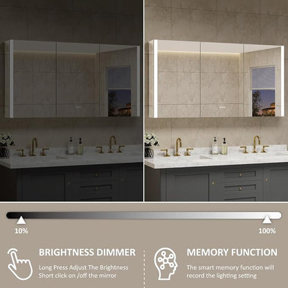 60 x 32 Inch Medicine Cabinet with Mirror and LED Light for Bathroom | Recessed, Wall-Mounted, Dimmable, Anti-Fog, Memory Function, 3 Color Mode, Outlet&USB, Adjustable Shelf, ETL Listed, Aluminum