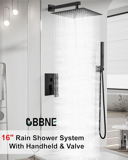 Shower Faucet Set Rainfall Shower System with Square Showerhead and Handle Set Fixture with 2 in 1 Function Handheld Sprayer Wall Mounted Trim Repair Kit Rough-in Valve 16 Inch Matte Black