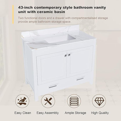 Montary 42" Bathroom Vanity with 43" Sintered Stone Carrara Gold Top, Modern Stylish MDF Bathroom Storage Cabinet, Vanity Set with 2 Doors and One Large Divided Drawer, White (Single Hole)