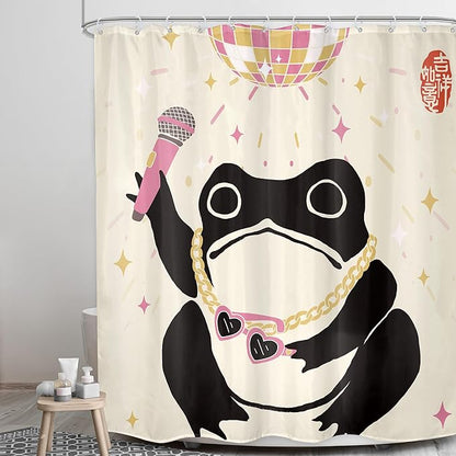 LGhtyro Funny Frog Shower Curtain Bathroom Set 60Wx71H Inches Retro Asian Style Traditional Japanese Art Cute Animal Disco Pink Light Bath Accessories Vintage Art Home Decor Fabric 12 Pack Hooks