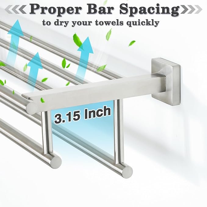Alise Double Towel Rack for Bathroom Wall Mounted 16 Inch,Brushed Nickel | Bathroom Tower Holder Towel Shelf with Double Towel Bars,SUS304 Stainless Steel Towel Rack with Shelf for Lavatory Kitchen