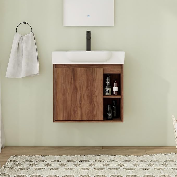 24 Inch Floating Vanity, 24" Bathroom Vanity with Sink, Single Sink Wall Mounted Vanity Combo, Modern Brown Bathroom Vanity Set with 1 Door
