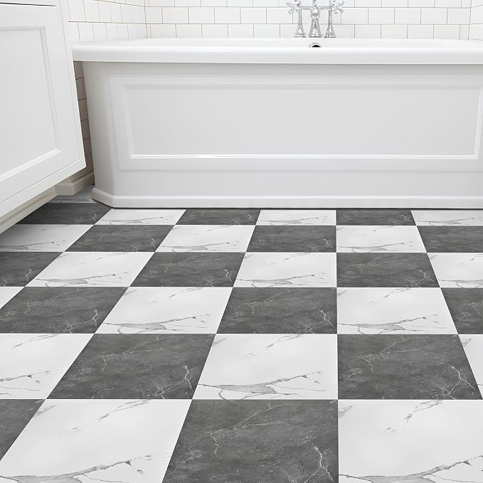 Spiareal 48 Pieces Peel and Stick Floor Tiles Vinyl Flooring 12 x 12 Inch Stick on Floor Tile Self Adhesive Waterproof DIY for Bathroom Kitchen Bedroom Living Room(Gray Marble,White Marble)