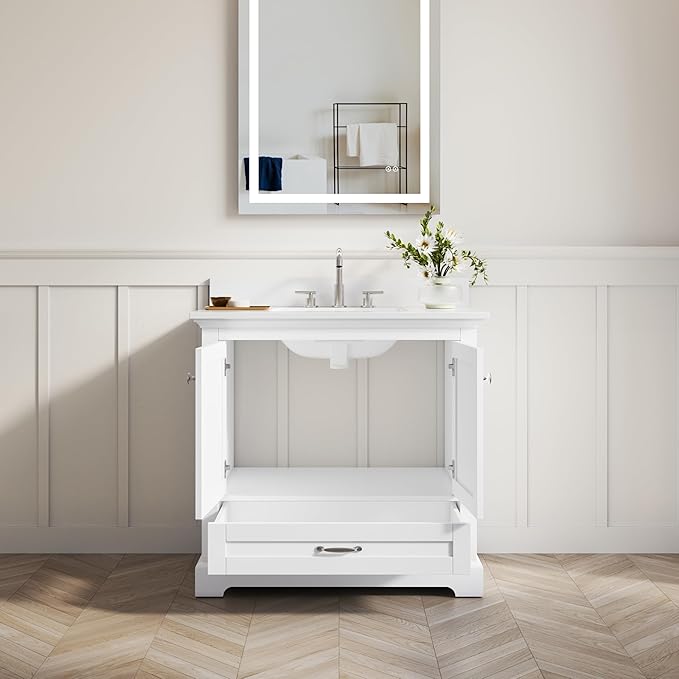 WELLFOR 36" Bathroom Vanity with Sink, Bathroom Freestanding Vanity W/ 2 Soft-Close Doors and 1 Soft-Close Drawers, Bathroom Cabinet Vanity with Engineered Stone Countertop, White