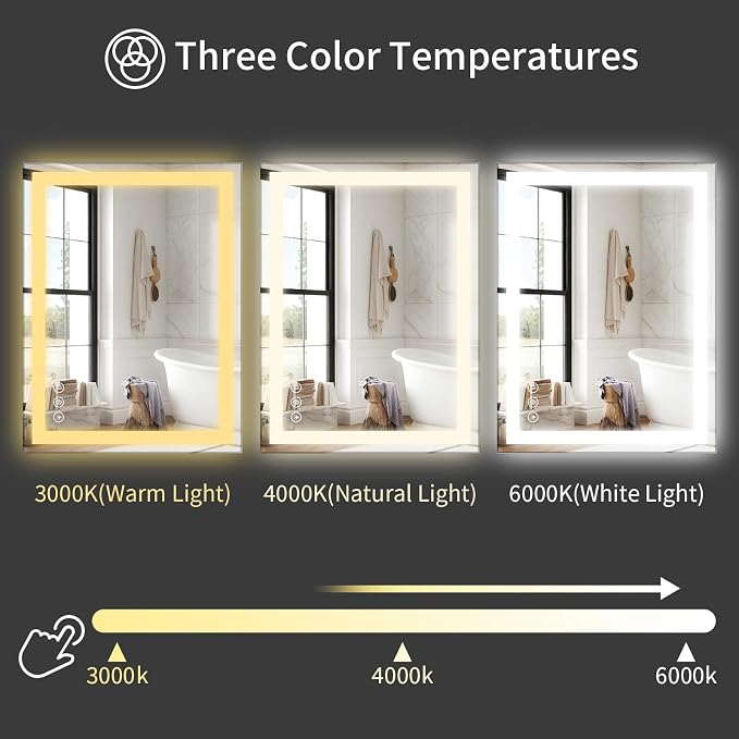 Koonmi 32x24 LED Bathroom Mirror, Shatterproof Mirror with Light | 90CRI Vanity Mirror with Anti-fog Backlit + Front Lit, 3 Color, Easy Install for Bathroom Hotel (IP65)