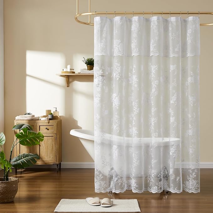 White Lace Shower Curtain 72 Inch with Attached Valance Victorian Floral Shower Curtain Vintage French Country Scalloped Edge for Bathroom Decor Spa Hotel Bath Short Rental Loft, 1 Panel, 72x72