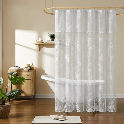 White Lace Shower Curtain 72 Inch with Attached Valance Victorian Floral Shower Curtain Vintage French Country Scalloped Edge for Bathroom Decor Spa Hotel Bath Short Rental Loft, 1 Panel, 72x72