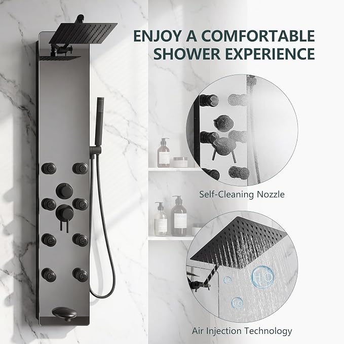 Shower Panel - Adjustable Rainfall Head, Black | Stainless Steel and Glass, Multifunction Shower Panels Tower System, Handheld Shower 2-Setting Body Jets, Tub Spout