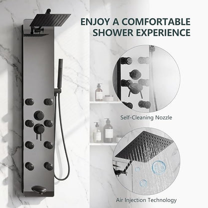 Shower Panel - Adjustable Rainfall Head, Black | Stainless Steel and Glass, Multifunction Shower Panels Tower System, Handheld Shower 2-Setting Body Jets, Tub Spout