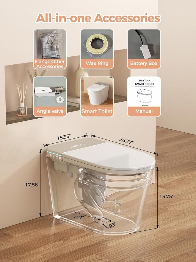 Smart Toilet with Built-in Tank, ADA Height Heated Seat, Night Light, Auto Toilet Flushing, Foot Sensor Operation, Modern Elongated One-Piece Toilet for Bathrooms