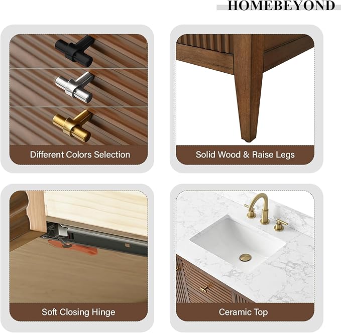 HOMEBEYOND 72" Bathroom Vanity with Double Sink, Solid Wood Bathroom Vanity Free-Standing Cabinet, Ceramic Top & Soft Closing Door, Golden Brushed Handware, Walnut
