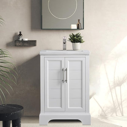 HOMEBEYOND 24 Inch Bathroom Vanity with Single Sink & Ceramic Top, Vanity Cabinet with Center Countertop Basin, Soft-Closing Doors, White