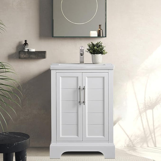 HOMEBEYOND 24 Inch Bathroom Vanity with Single Sink & Ceramic Top, Vanity Cabinet with Center Countertop Basin, Soft-Closing Doors, White