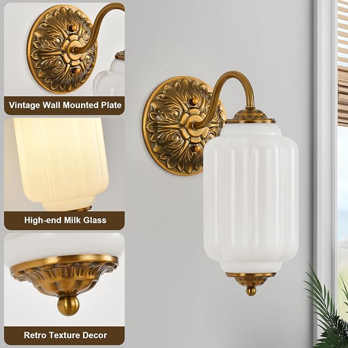 Milk Glass Sconce Set of 2 Vintage Vanity Sconces Bulb Included | Milk Glass Art Deco Antique Wall Sconce Wall Light for Bedroom Bathroom Living Room Entryway, Antique Retro and White 2 Pack