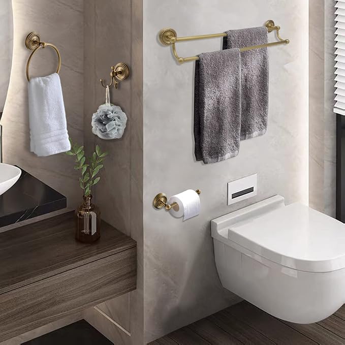 4 Piece Antique Brass Gold Bathroom Accessories Set - 24” Towel Holder, Antique Bar Brass Bath Accessories - Wall Mounted Bathroom Hardware Accessory Set