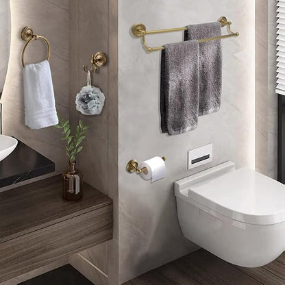 4 Piece Antique Brass Gold Bathroom Accessories Set - 24” Towel Holder, Antique Bar Brass Bath Accessories - Wall Mounted Bathroom Hardware Accessory Set