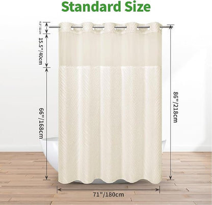 eachope no Hook Shower Curtain and Liner Set，Boho Style with See Through Top Window, Cream Fabric Tufted Striped Textured Outer Curtain & Waterproof Inner Liner, Beige/Cream, 71Wx86H
