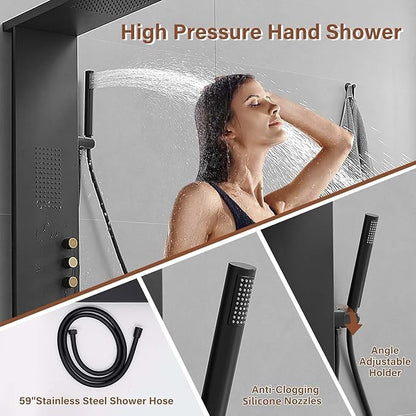 3 in 1 Shower Panel Tower System with Rainfall Shower Head, Handheld Shower Wand and Body Spray Stainless Steel Shower Tower Multi-Function Shower Panels for Bathroom, Black