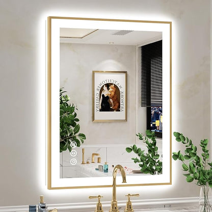 28x36 Inch LED Bathroom Mirror with Lights (Front Lit and Backlit) Gold Framed Lighted Vanity Mirror for Bathroom Wall Dimmable Anti-Fog Memory Tempered Glass Horizontal/Vertical
