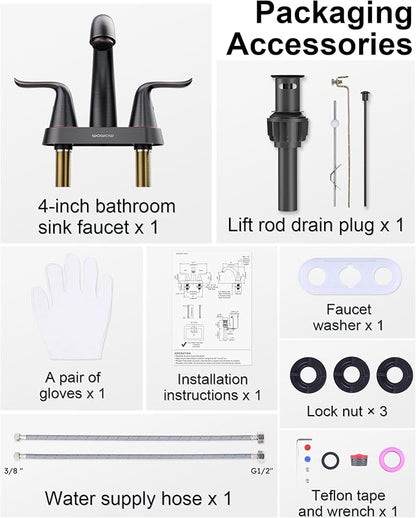 WOWOW Bathroom Faucet 4 inch Centerset Oiled Rubbed Bronze Bathroom Sink Faucet Lift Rod Drain Assembly Stainless Steel Faucets for Bathroom Faucet Retro Lavatory