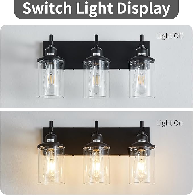 3-Light Black Bathroom Light Fixture Over Mirror Modern Farmhouse Bathroom Vanity Light Vintage Wall Lighting with Clear Glass Shade for Bathroom, Bedroom, Hallway, Cabinet