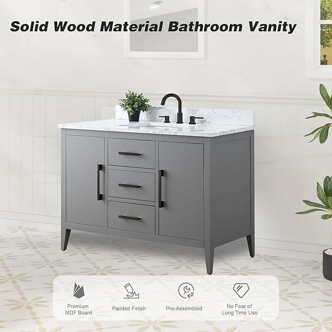 HomeBeyond 48 Inch Bathroom Vanity with Sink & Ceramic Top, Single Vanity Cabinet with Basin, Soft-Closing Doors & Matte Black Hardware, Grey