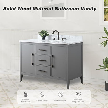 HomeBeyond 48 Inch Bathroom Vanity with Sink & Ceramic Top, Single Vanity Cabinet with Basin, Soft-Closing Doors & Matte Black Hardware, Grey