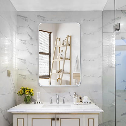 Silver Bathroom Mirror 24x30in, Metal Framed Rounded Rectangle | Tempered Glass, Shatter Proof, Anti-Rust Frame, Hangs Horizontal or Vertical