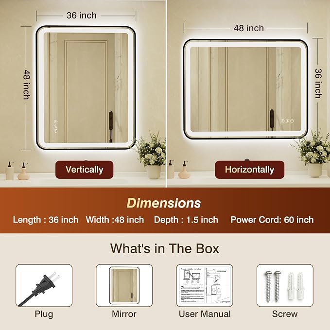 36x48 Inch Black Framed LED Bathroom Mirror with Lights, Built-in Bluetooth Speaker, Dimmable Lighted Bathroom Vanity Mirror with 3 Colors, Backlit + Frontlit, Memory, Anti-Fog