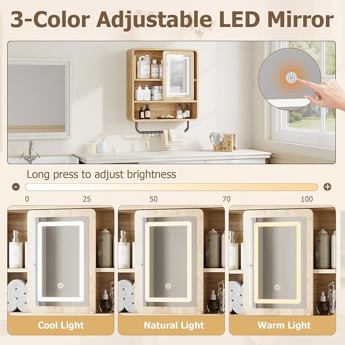 Modern Bathroom Wall Cabinet, Medicine Cabinets with Mirror, Over The Toilet Storage Cabinet for Bathroom, Towel Bar, Sliding Door, 3 Lighting Modes, Adjustable Brightness, Natural Oak